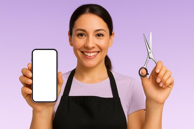 Hairdresser Holding Phone and Scissors with a Smile