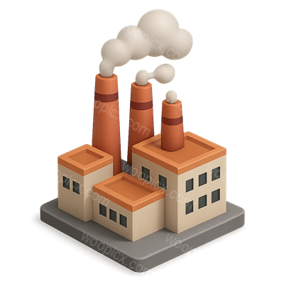 Stylized 3D Industrial Icon with Smokestacks and Buildings