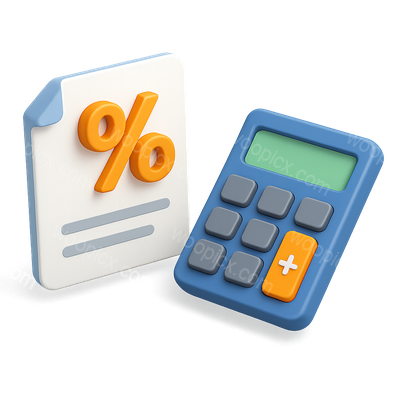3D Calculator and Percentage Document Icon for Financial Use