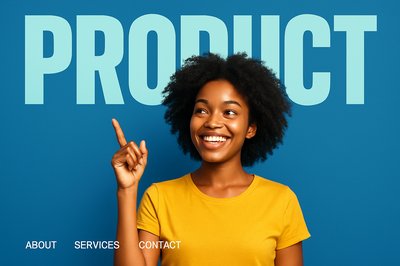 Dynamic Smiling Woman Promoting Product in Bold Design