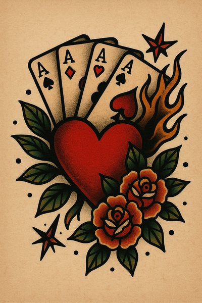 Vintage Tattoo Style Artwork Featuring Playing Cards and Roses