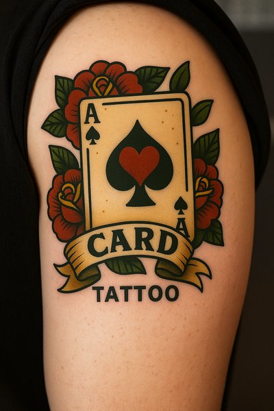 Colorful Tattoo Design Featuring Playing Card and Roses