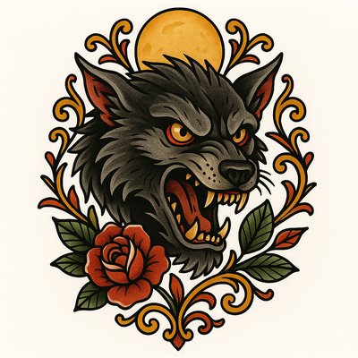 Vibrant Tattoo-Style Wolf Illustration with Floral Elements