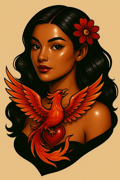 Stylized Tattoo Composition of a Phoenix Rising from a Heart