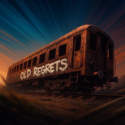 Abandoned Rusty Train with Graffiti 'Old Regrets'
