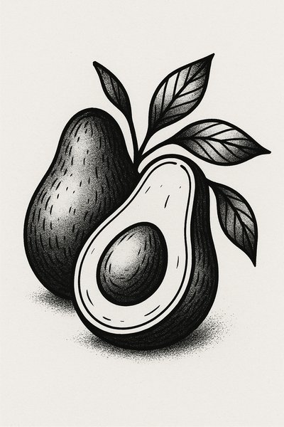 Stylized Black and White Illustration of Avocados