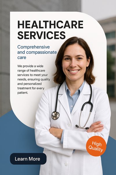 Portrait of a Smiling Female Doctor with Healthcare Services Info