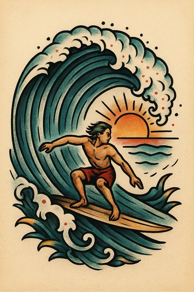 Vintage Surfing Illustration with Waves and Sunset