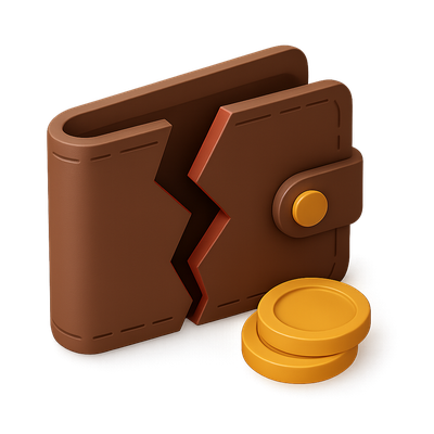 3D Broken Wallet Icon with Coins in Isometric View