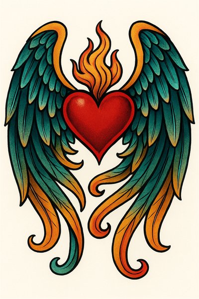Colorful Heart with Wings and Flames Illustration