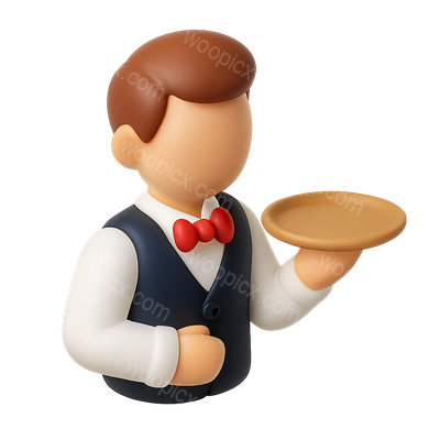 Stylized 3D Waiter Icon with Tray in Isometric View