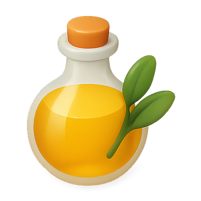 Stylized Oil Bottle Icon with Green Leaves