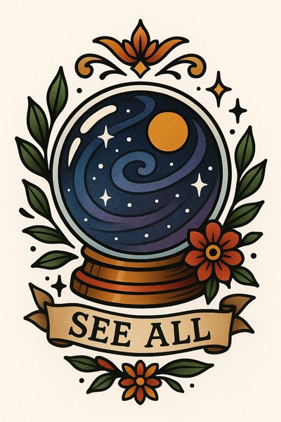 Whimsical Illustration of a Crystal Ball with Cosmic Design