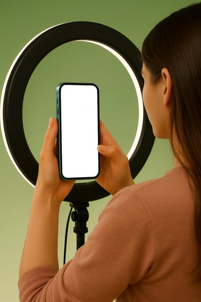 Dynamic Shot of a Blogger with a Blue Phone and Ring Light