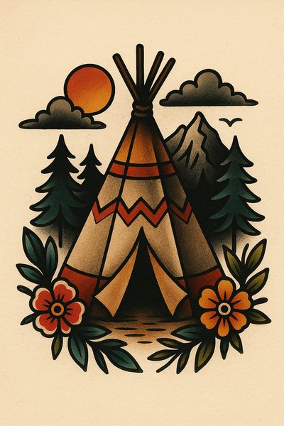 Stylized illustration of a teepee with nature elements