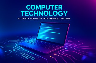 Futuristic Laptop Illustration in Neon Colors for Tech Projects