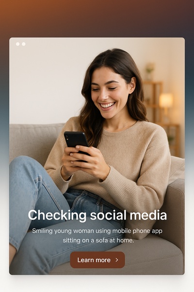 Stylish Media Check - Happy Woman on Sofa Using Smartphone