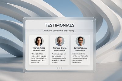 Futuristic 3D Architecture with Testimonial Cards