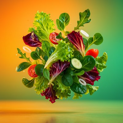 Dynamic Green Salad Still Life with Vibrant Background