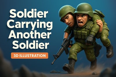 Dynamic 3D Illustration of Soldier Carrying Another Soldier