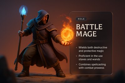 Dynamic Battle Mage 3D Illustration with Text Overlay