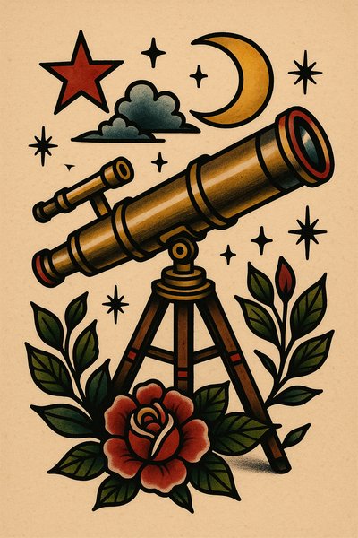 Vintage-style illustration of a telescope with celestial elements
