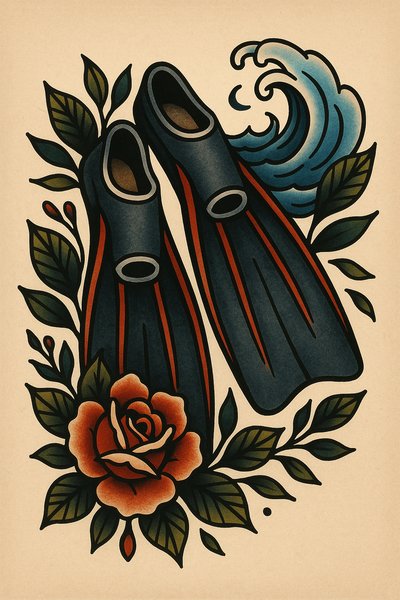 Stylized illustration of flippers surrounded by floral elements