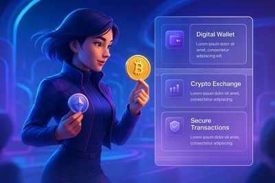Futuristic Woman with Cryptocurrency Coins in Digital Setting