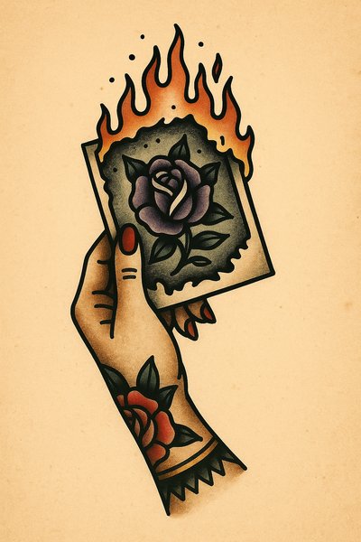Hand Holding a Burning Photo with Tattoo Art