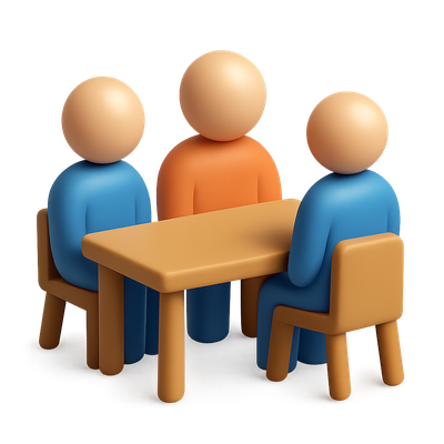 3D Isometric Meeting with Three Characters at a Table