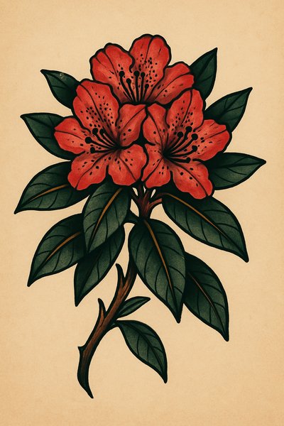 Illustrative Floral Design of Red Rhododendrons