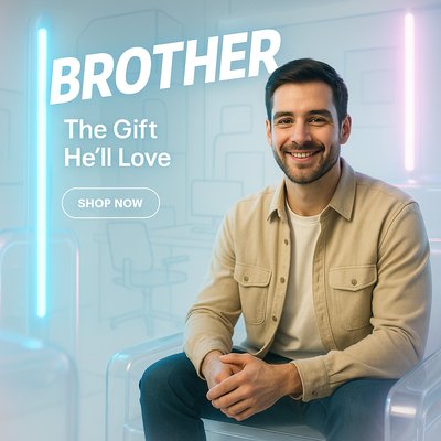 Promotional Image Featuring a Smiling Man with Gift Suggestions