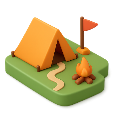Colorful 3D Base Camp Icon with Tent and Campfire