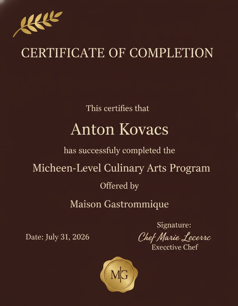 Elegant culinary completion certificate