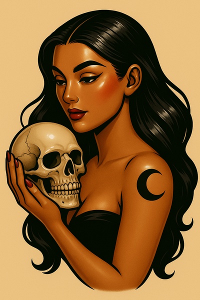 Stylized Tattoo Art of Girl with Skull and Moon Tattoo