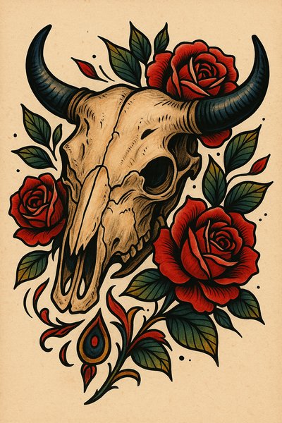 Intricate Bull Skull Art with Roses and Floral Elements