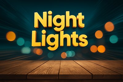 Vibrant Night Lights on Wooden Floor with Bokeh Background