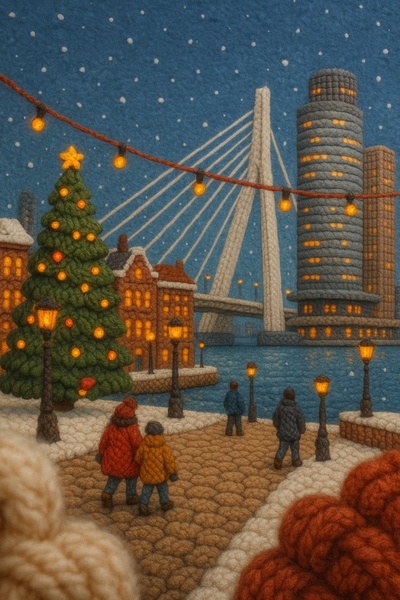 Knitted Rotterdam Waterfront Scene with Holiday Atmosphere