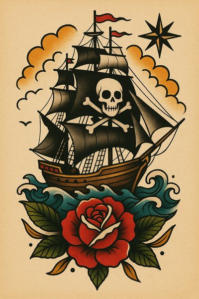 Classic Tattoo Art Featuring Pirate Ship and Rose