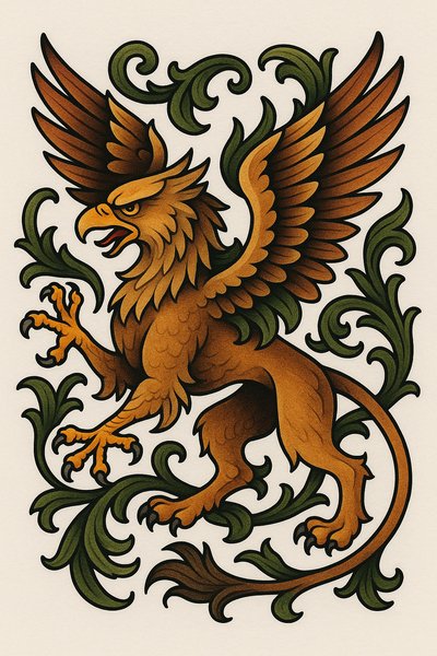 Stylized Griffin Illustration with Ornamental Elements