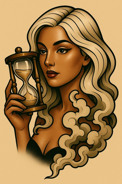 Stylized Tattoo of a Woman with Hourglass and Smoke