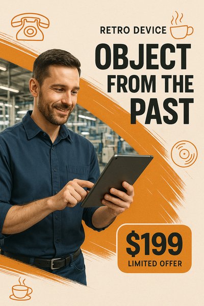 Modern Factory Advertisement Featuring a Man with a Tablet