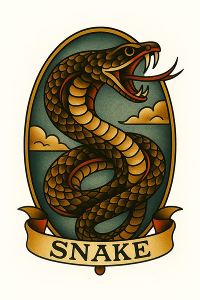 Vintage Snake Illustration with Bold Colors and Decorative Elements
