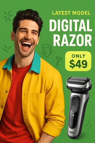 Dynamic Advertisement Featuring a Laughing Man with a Razor