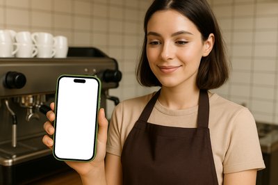Barista Holding a Green Phone Near Coffee Machine
