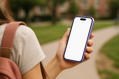 Student Holding Purple Phone in Dynamic Outdoor Setting