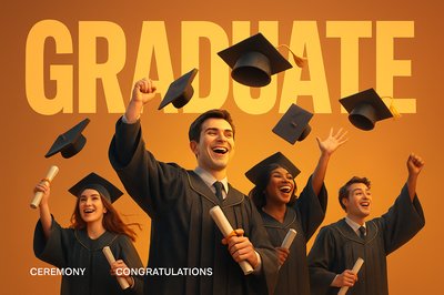 Graduation Celebration with Cheering Students and Bold Typography