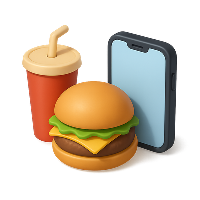 3D Fast Food Icon with Drink and Phone in Isometric View