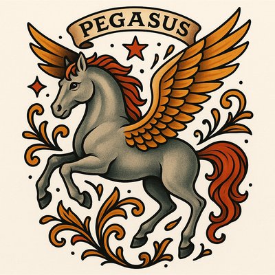 Stylized Pegasus Illustration with Ornate Design Elements