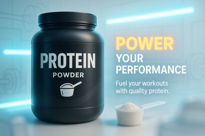 Nutrition Product Advertisement Featuring Protein Powder Container